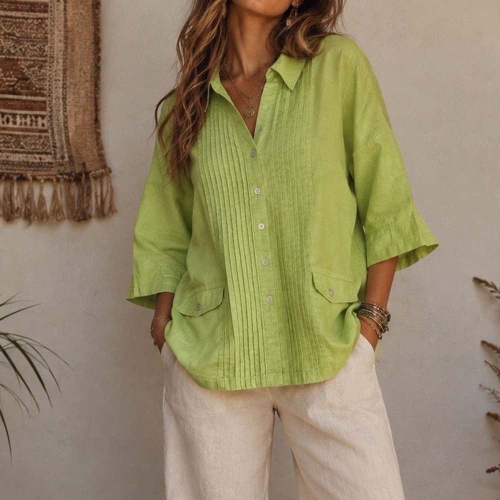 Sara Isabella Woman Lime Green 100% Linen Pintuck Button Down Shirt 1X Lagenlook